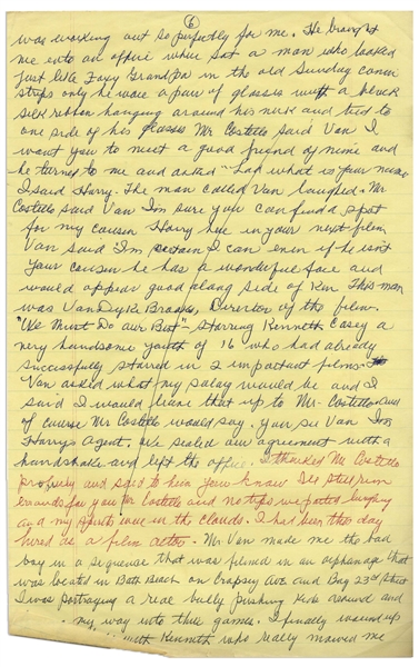 Moe Howard's Handwritten Manuscript Page When Writing His Autobiography -- Moe's First Job as Film Actor, ''We sealed an agreement with a handshake'' -- Single 8'' x 12.5'' Page